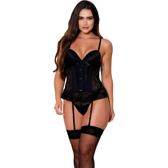 Espartilho Sexy Gabi Lingerie Conjunto Feminino Renda Calcinha Sensual Cinta Liga Preto