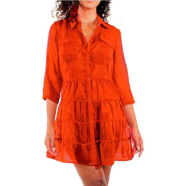VESTIDO CHEMISE SAÍDA Evasê Manga 3/4 Babados Curto Crepe Semitransparente Liso Laranja