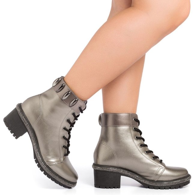 Bota Coturno Feminino Stessy Shoes Cano Baixo Strass Tratorada Lesma Moda Prata Velho
