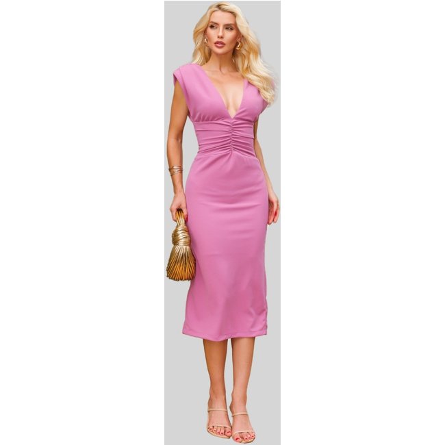 Vestido Miss e Misses Ines Midi Decote V Franzido Na Cintura Goiaba