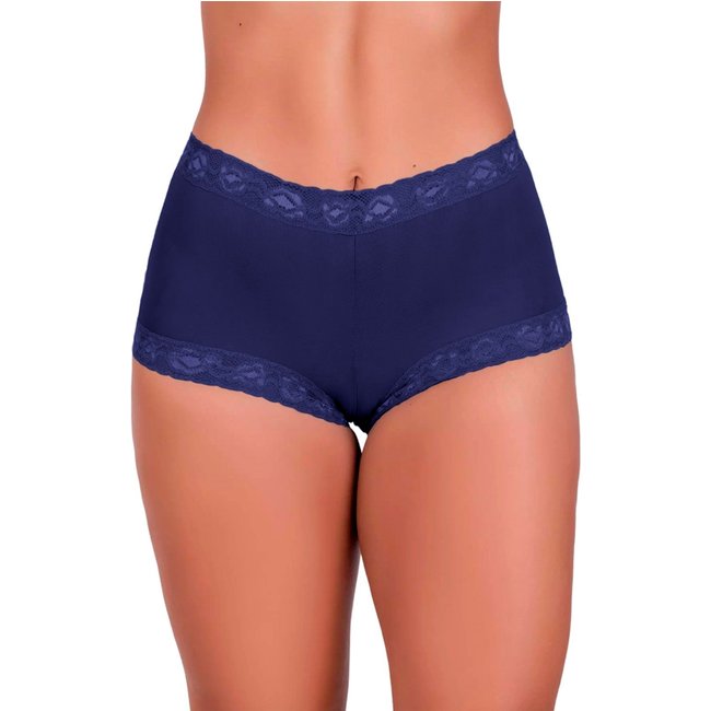 Tanga Gabi Lingerie Shortinho Poliamida Cintura Alta Detalhes em Renda Sensual Marinho