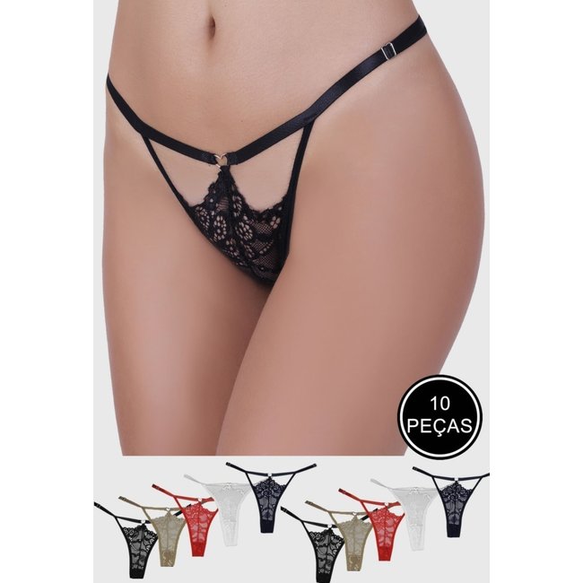 Kit 10 Calcinhas Fio Dental St Madame Detalhe Renda Multicolorido