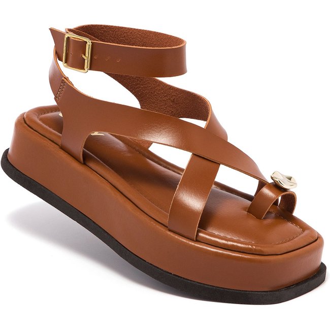 Sandália Feminina Plataforma Flat ABS Dourado Fivela Rasteira Confortável Original Olzzy Caramelo