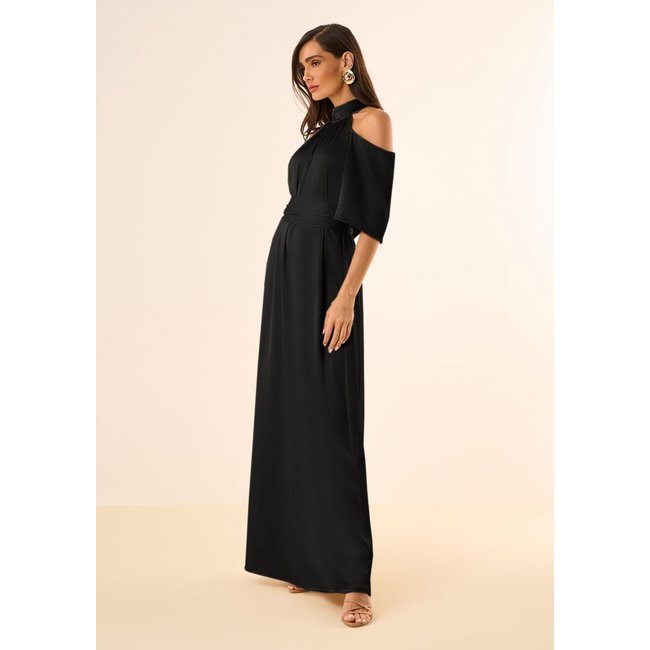 Vestido Maria Valentina Solto Cava Francesa Manga Curta Longo Preto