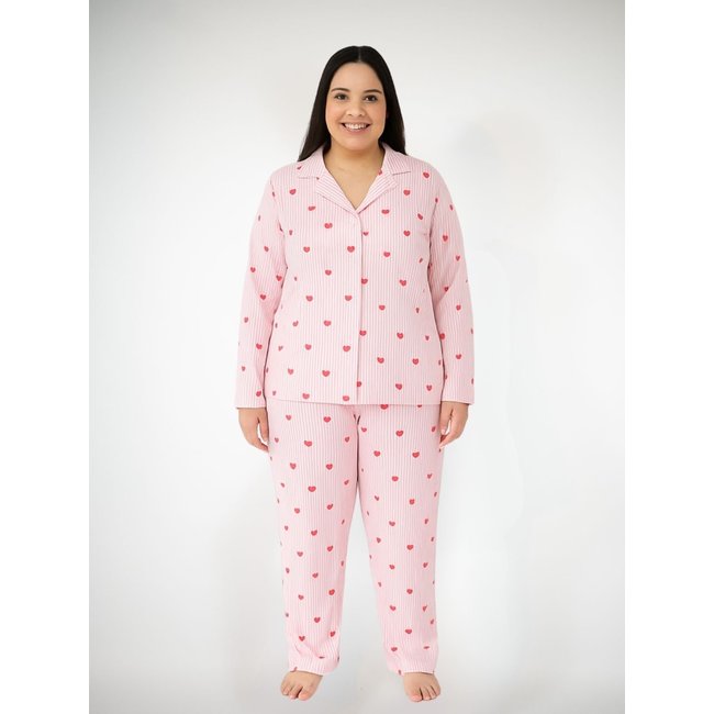 Pijama Algodão Plus Size Americano Longo Amanda - Listrado Corações Vermelho