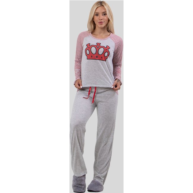 Pijama Feminino com Estampa de Coroa e Mangas Listradas Vermelho
