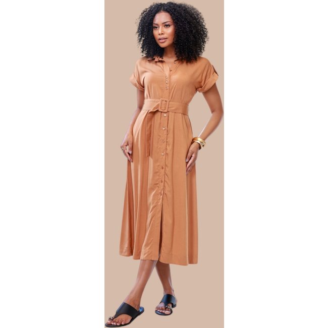 Chemise Midi Ícone Fashion Manga Curta com cinto Amêndoa