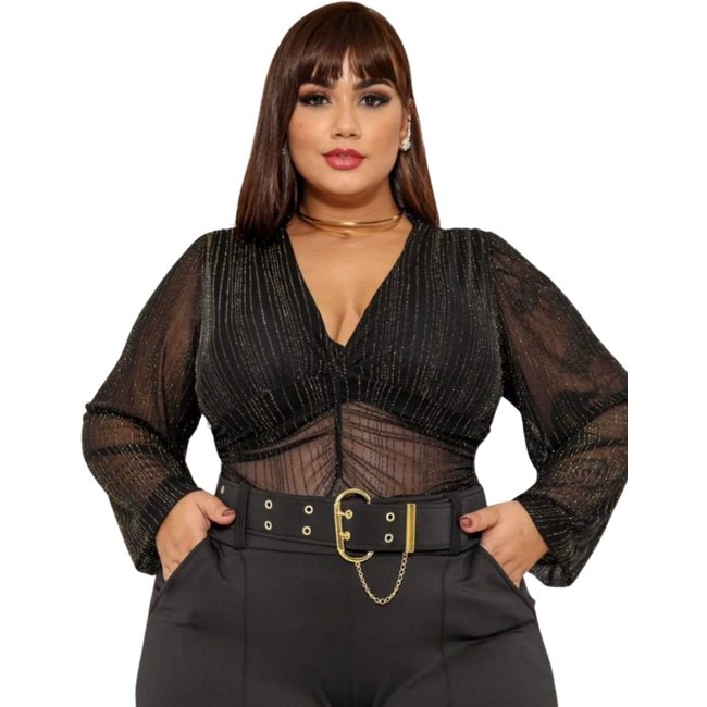 Body Summer Body Plus de Tule Manga Longa Com Listras Em Lurex Dourado Preto