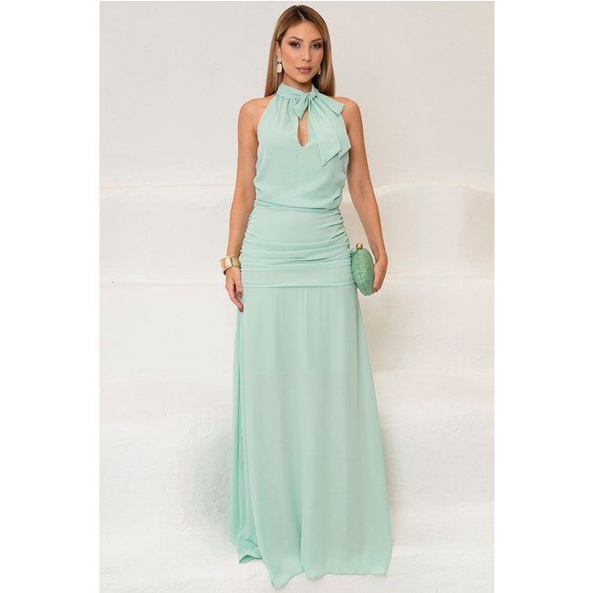 Vestido Linik Longo Crepe Drapiado C/Ziper Costa Verde