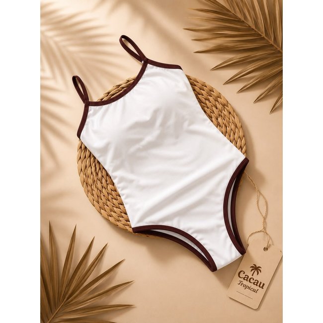 Maiô Feminino Off White com Marrom Cavado Alças Finas Decote Reto Moda Praia Premium