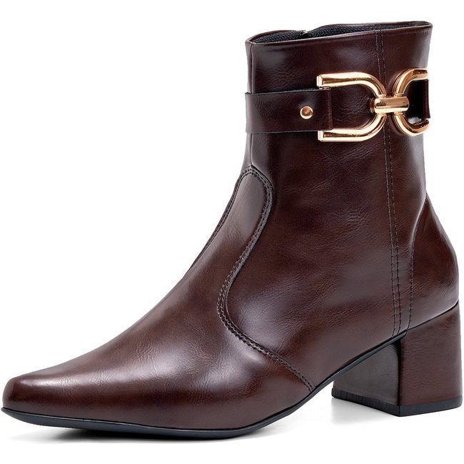 Bota Feminina Lumiss Bico Fino Salto Bloco Médio Cano Curto Fivela Dourada Marrom