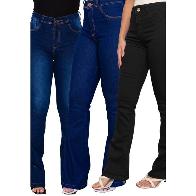 KIT 3 Calça Feminina Flare Niha Jeans Cintura Alta Confortável Azul Preto e Azul Manchado
