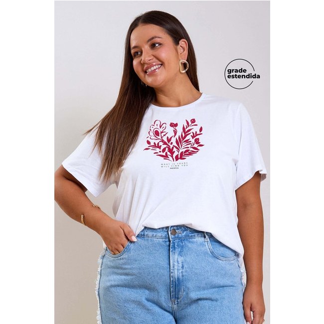 T-Shirt Feminina Floral Regular Marialícia Branco