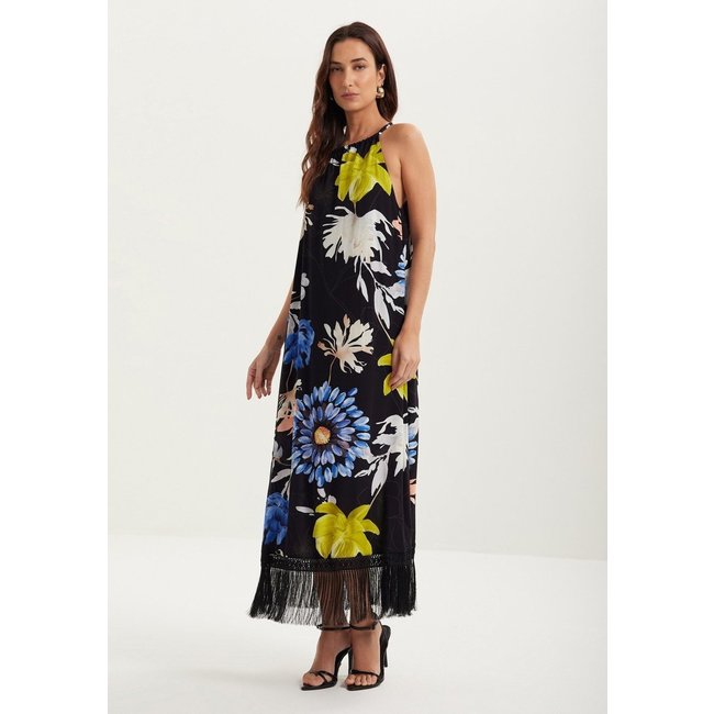 Vestido Longo Estampado Com Franjas Na Barra