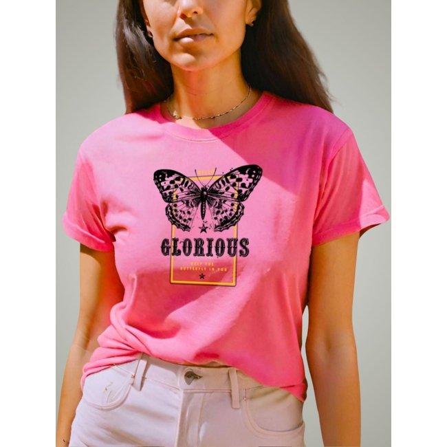 Camiseta Feminina T-shirt Plus Size GuGi Borboleta Estampada Camisa Blusa Rosa