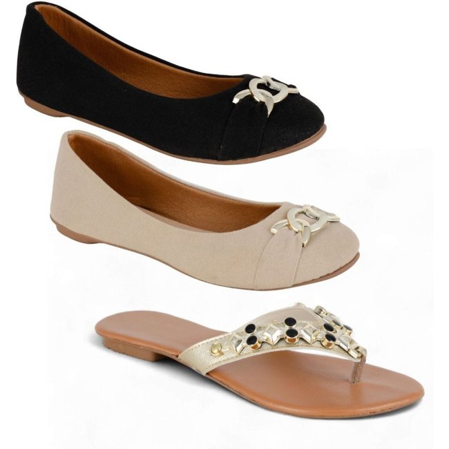 Kit 2 Pares De Sapatilha Bico Redondo Feminina e 1 Par De Rasteirinha Mr Try Shoes Rasteira Preto Bege
