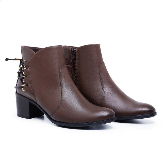 Bota Feminina Coturno em Couro Legítimo Cano Curto com Ziper Confortável Mod.1223 Cafe