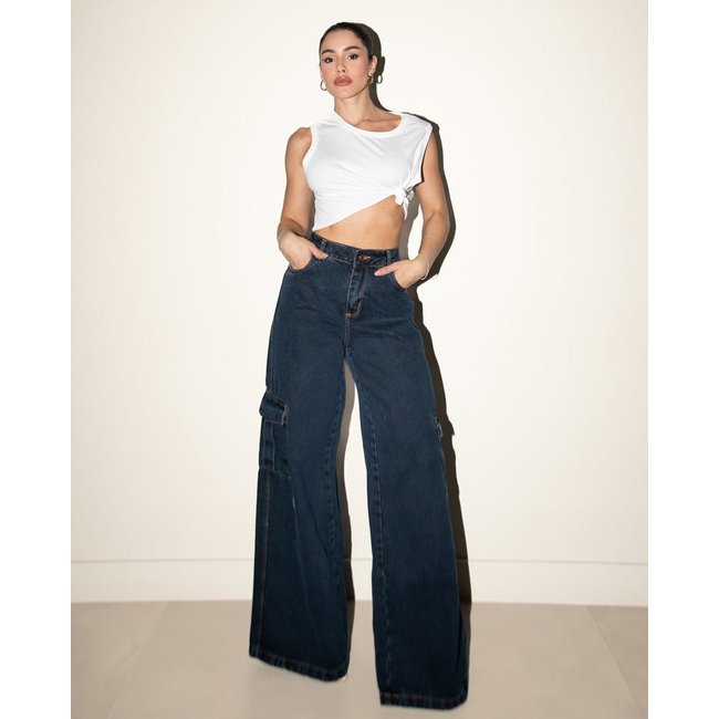 Calça Jeans Wide Leg Feminina Cargo Relaxed Cintura Baixa 29214 Black Blue Consciência