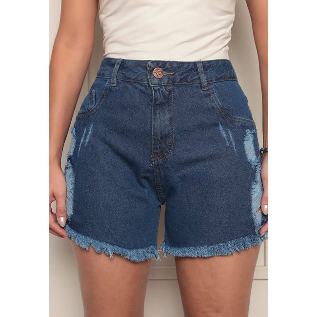 Shorts Feminino Ethereal Jeans com Barra Desfiada Lavagem Escura