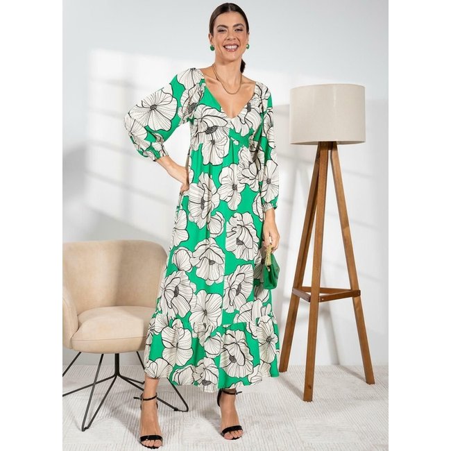 Vestido Viscose Plana Floral Fundo Verde Quintess