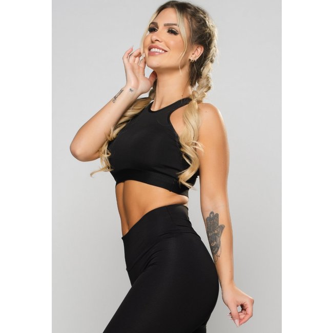 Top MVB Modas Cropped Cruzado Recorte Suplex Preto