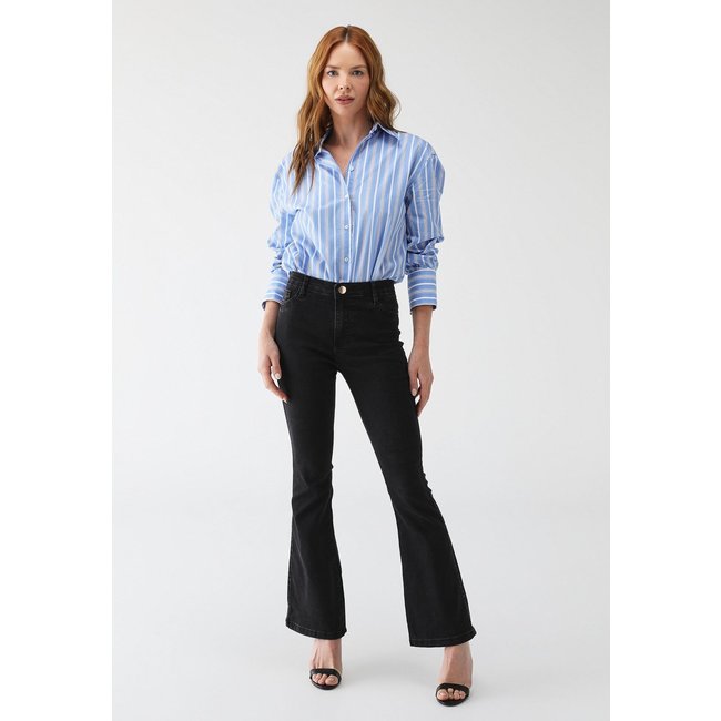 Calça Flare Jeans Feminina Tex Jeans Cintura Alta Modeladora com Elastano Preta Estonada Estilo Sofisticado