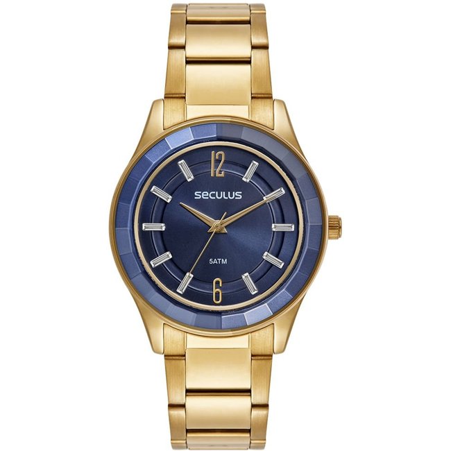 Relógio Feminino Vidro Facetado Cristais Azul e Dourado Seculus