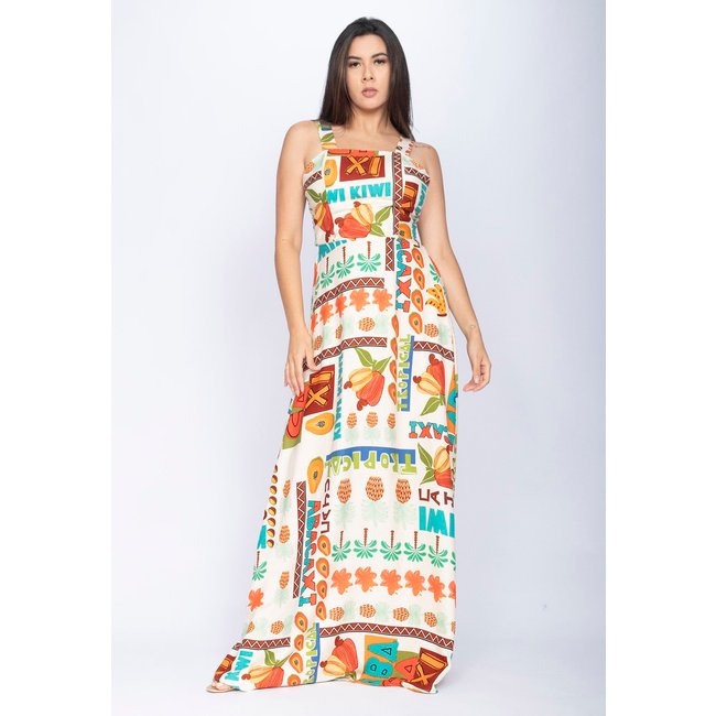 Vestido Amazônia Vital Regata Longo Estampa Frutas do Brasil Branco