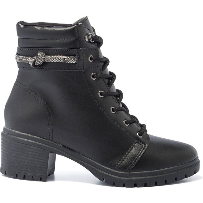 Bota Coturno Feminino Cano Baixo Salto Tratorada Brilho - Preto