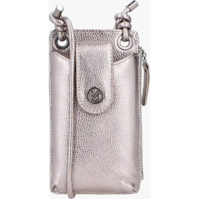 BOLSA PEQUENA PORTA-CELULAR EM COURO METALIZADO TITÂNIO COM ALÇA DE NÓ