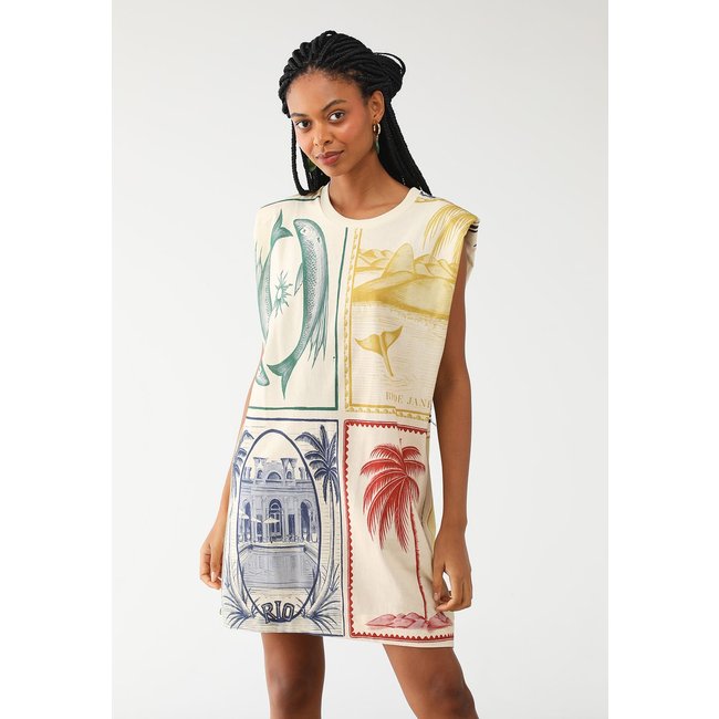 Vestido FARM Curto Ombreira Brasil Vintage Off-White