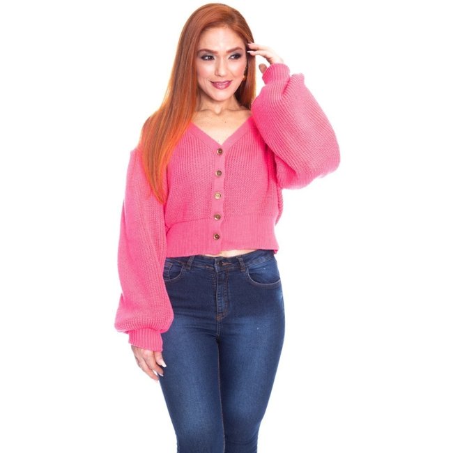 Casaqueto Moda Vício Tricô Com Botão Manga Longa Princesa Pink