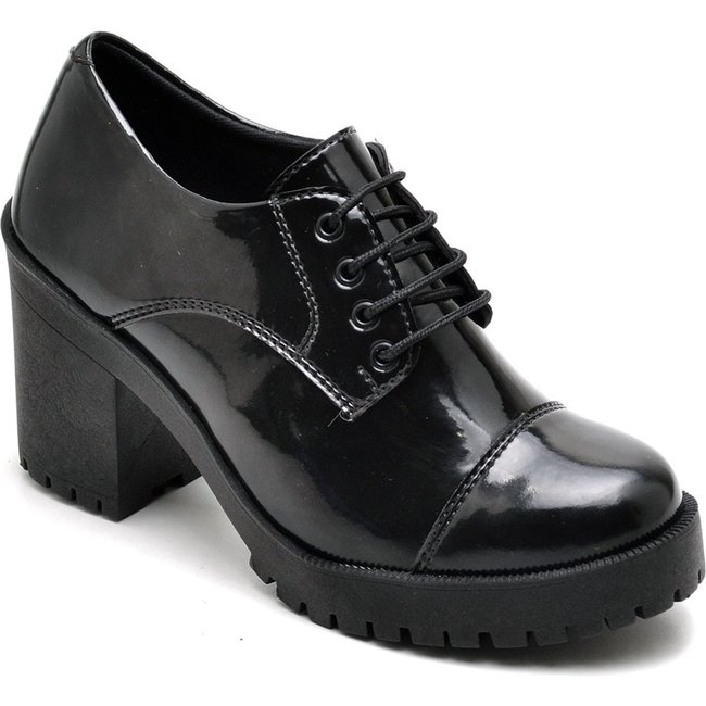 Sapato Feminino Estilo Oxford Verniz Preto Salto Médio Tratorado Conforto
