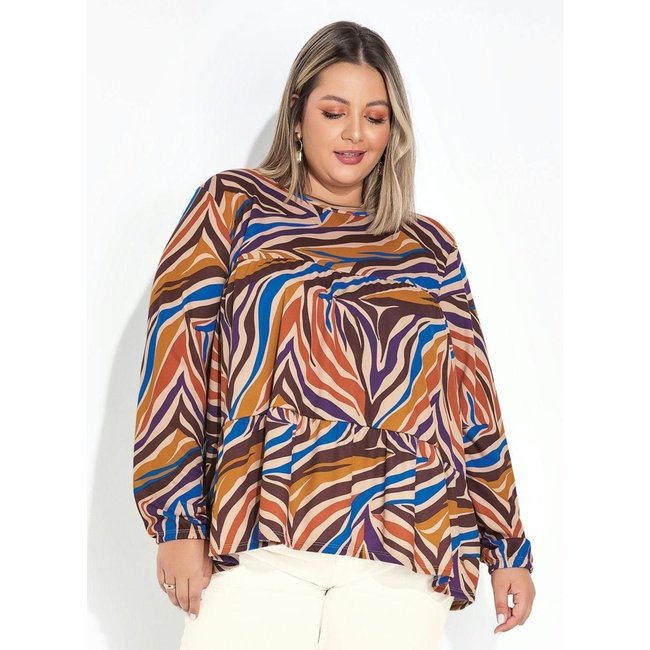 Blusa Com Franzidos Plus Size Zebra Bege Marguerite