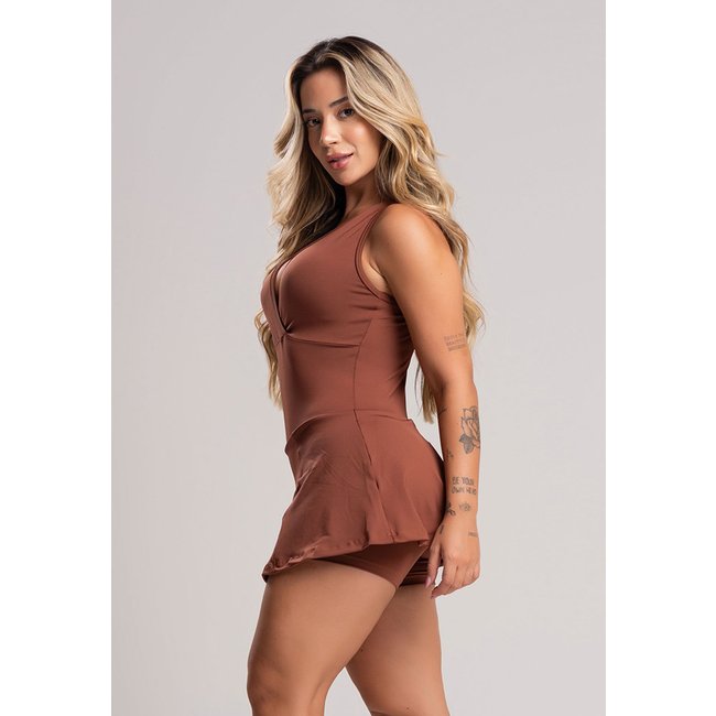 Macaquinho Curto MVB Modas Short Saia Vestido Suplex Liso Marrom
