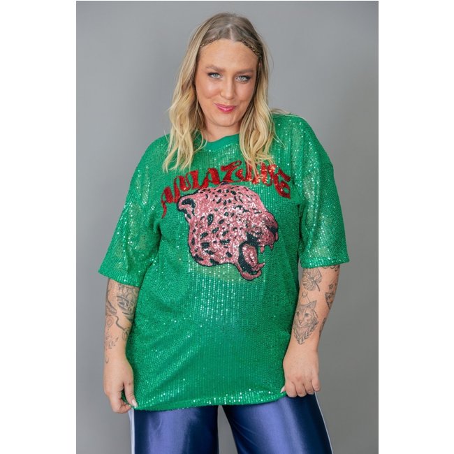 T-Shirt Vintage De Paetês Verde Com Bordado Frente Amazing marinaegabriella