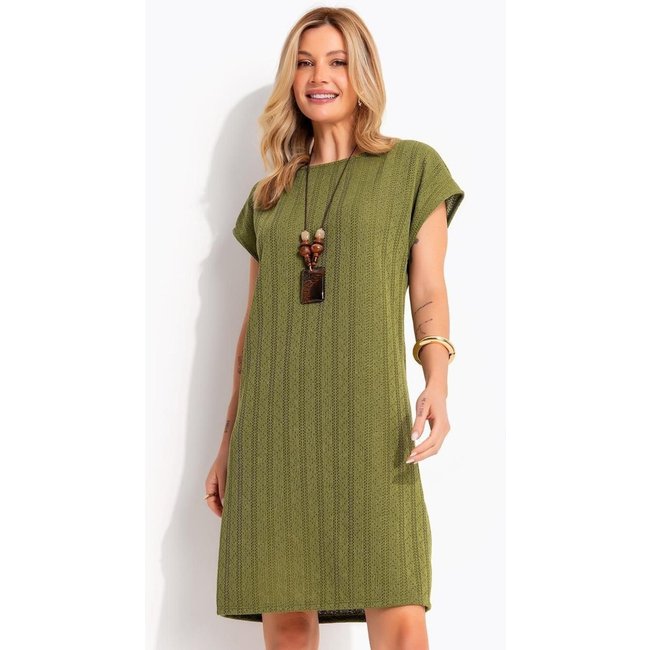 Vestido Midi Soltinho Em Malha Tricô Verde Oliva Texturizada - Quintess Quintess