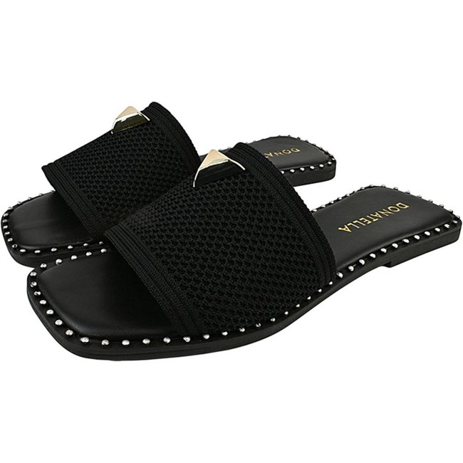 Rasteira Feminina Chinelo Rasteirinha Bico Quadrado Donatella Shoes Tecido Juta Macia Pingente Metálico Preto