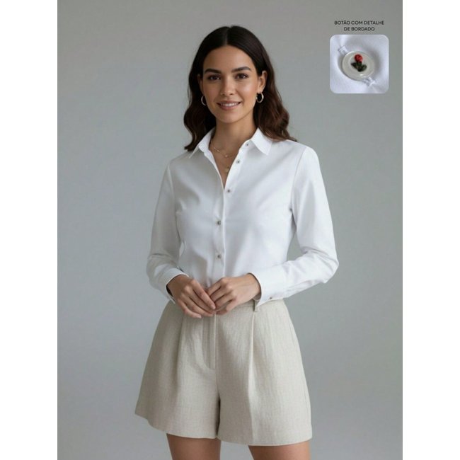 Camisa Social Feminina com Bordado no Botão Premium Branca | Blusa de Luxo Manga Longa Elegante com Flor Bordada