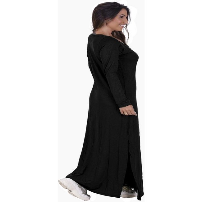 Vestido Visco Manga Longa Preto com Fenda Lateral