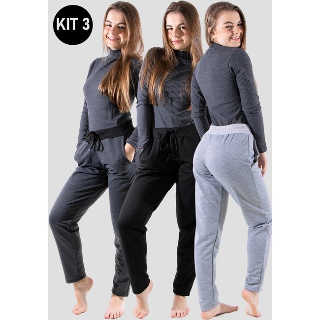 Kit 3 Calça Moletinho 4 Estações Feminino Flanelado Lisa Inverno Cintura Alta Cinza e Preto