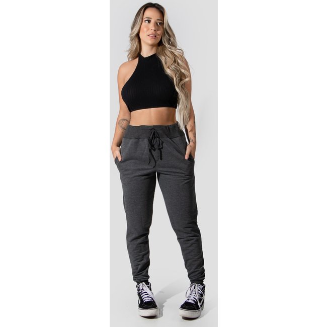 Calça Moletinho Com Punho 4 Estações Feminino Flanelado Lisa Inverno Cintura Alta Cinza Chumbo