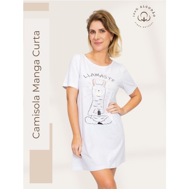 Camisola Algodão Feminina Manga Curta Verão Adulto – Branco lhamaste -