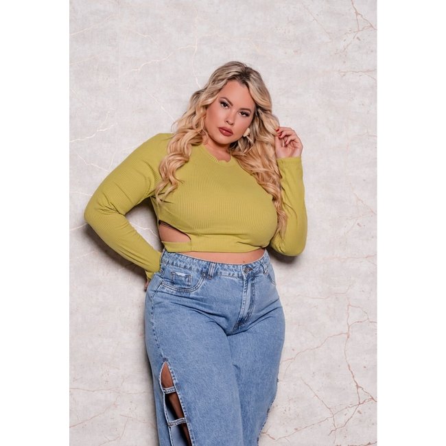 Cropped Plus Size Canelado com Recorte Verde