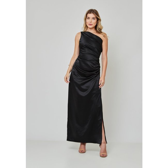 Vestido Festa Preto Cetim Longo Liso Miss Joy 7471 Feminino