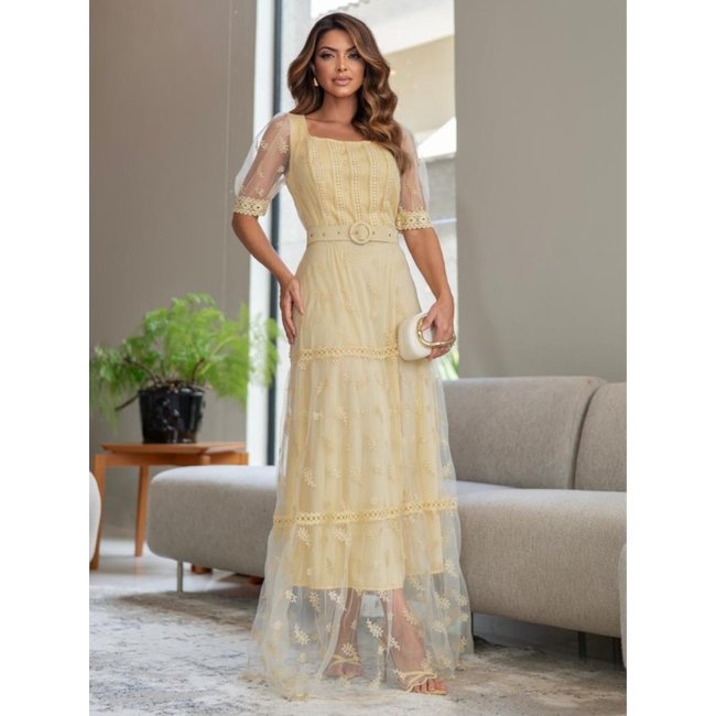 Vestidos de Festa Longo Manga Curta Decote Quadrado Amarelo