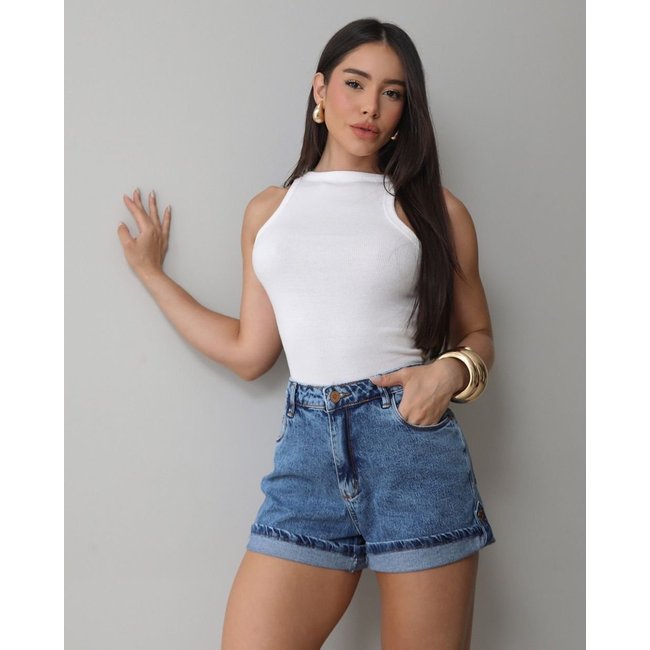 Shorts Jeans Mom Feminino Cintura Alta 24954 Sky Médio Consciência