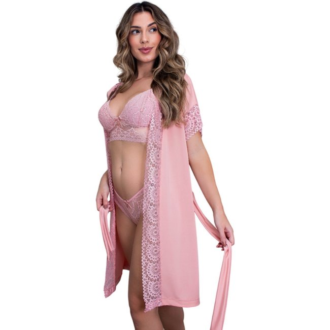 Robe de Luxo Microfibra Com Renda Hobby Roupão Roupa de Dormir com Cinto Lingerie Sexy para Noite Especial - ROMANCE