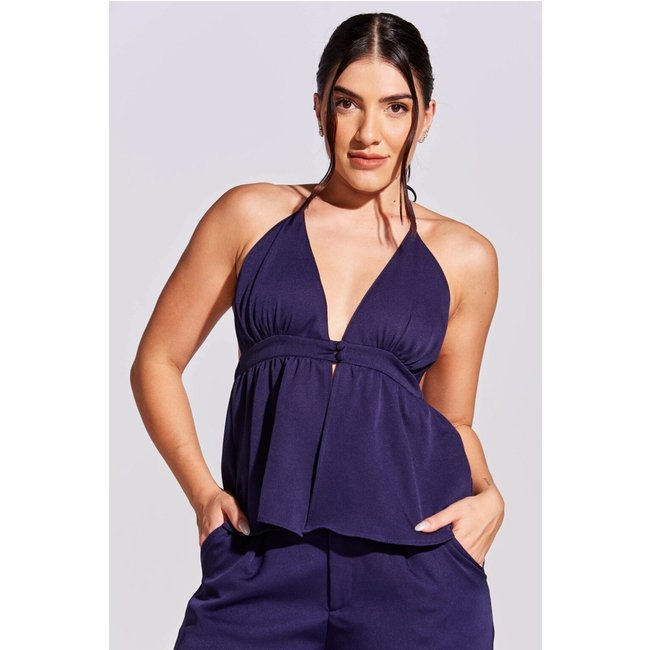 Blusa Feminina Letícia Vaz Amarração Frente Única Decote V Alfaiataria Azul Marinho