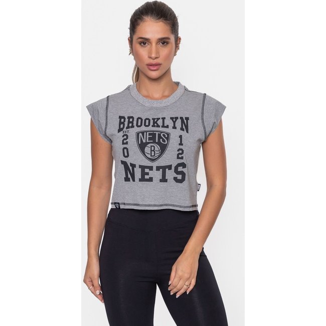 Cropped NBA Feminino College Brooklyn Nets Cinza Mescla Claro